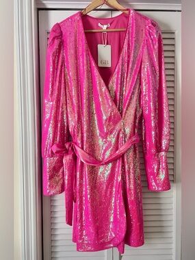 GB Hot Pink Sequin Wrap Dress Long Sleeve Mini Party Dress Size L NWT